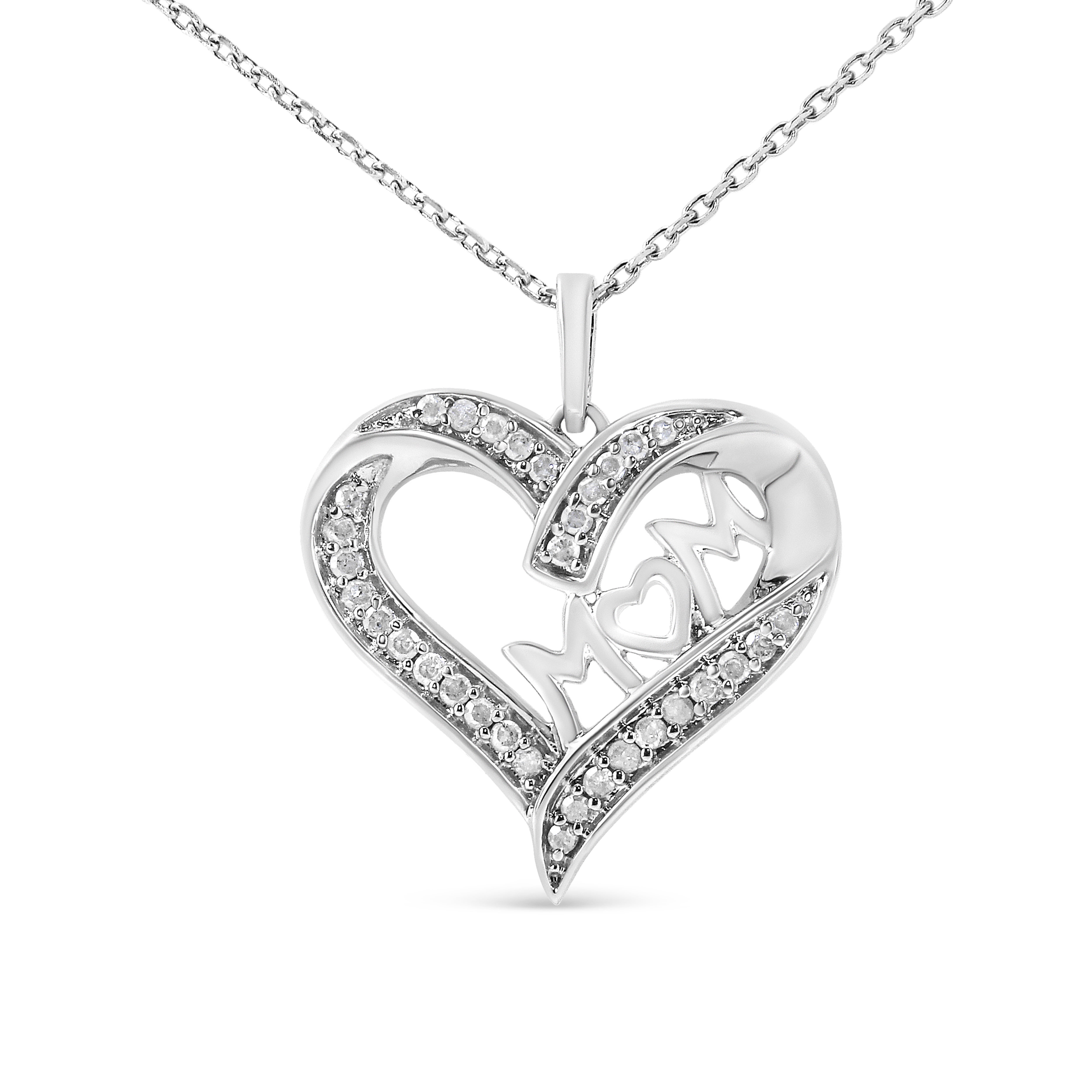 925 Sterling Silver 1/4 Cttw Diamond Engraved Mom Heart Pendant 