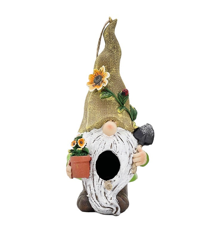 Gardening Gnome Outdoor Birdhouse Resin Statue 10"