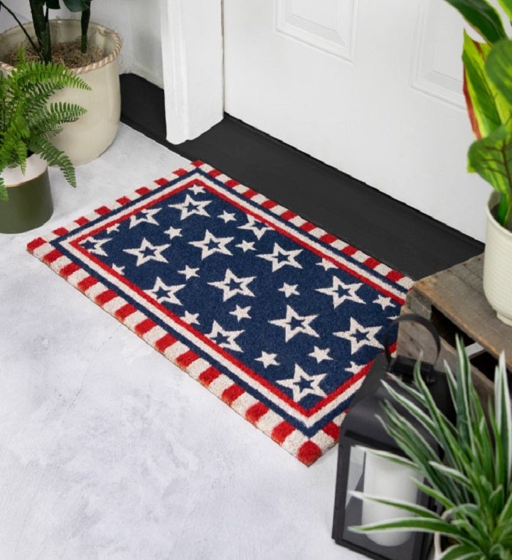 Blue And Red Americana Stars And Striped Border Coir Outdoor Doormat