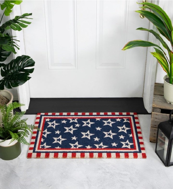 Blue And Red Americana Stars And Striped Border Coir Outdoor Doormat