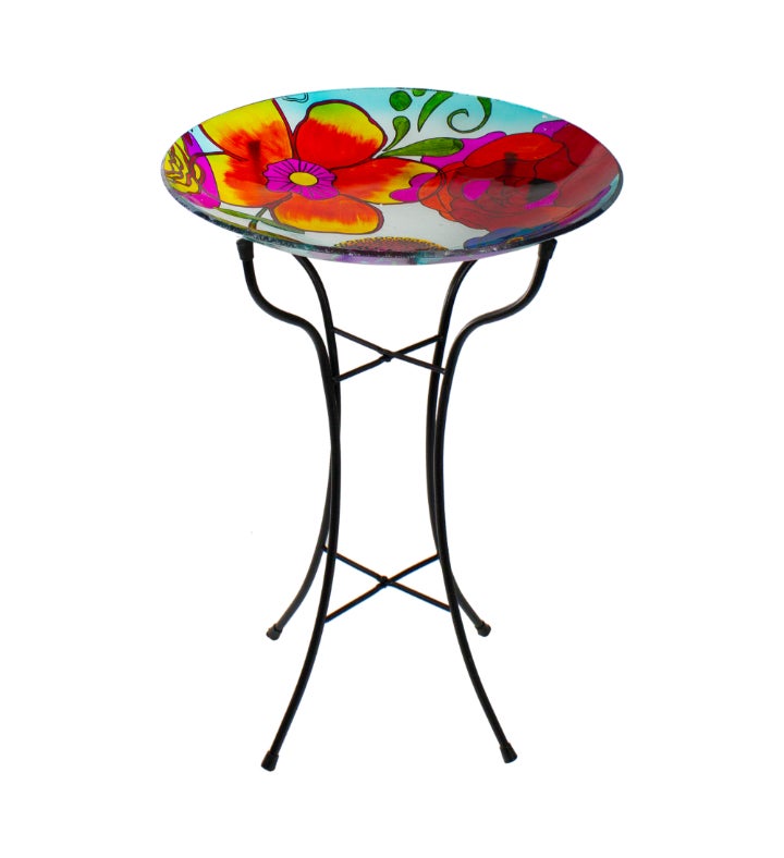 Multi-colored Hand Painted Glass Floral Pattern Outdoor Patio Bird Bath