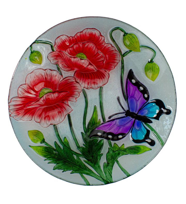 21" Butterfly And Carnations Hand Painted Glass Outdoor Birdbath