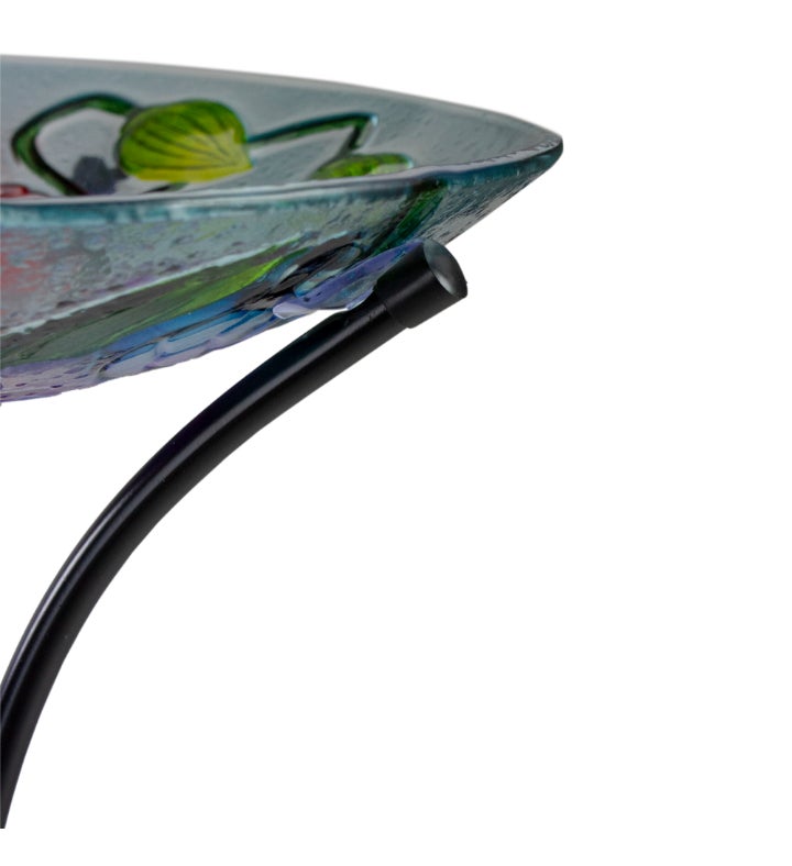 21" Butterfly And Carnations Hand Painted Glass Outdoor Birdbath