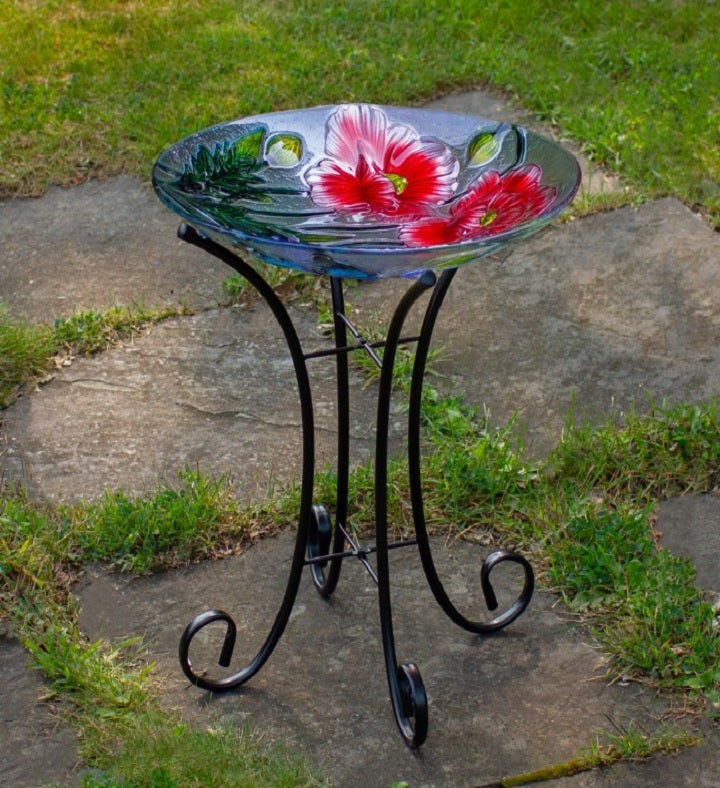 21" Butterfly And Carnations Hand Painted Glass Outdoor Birdbath