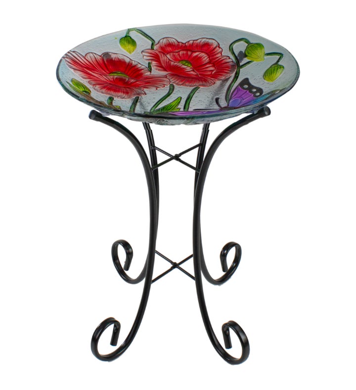 21" Butterfly And Carnations Hand Painted Glass Outdoor Birdbath