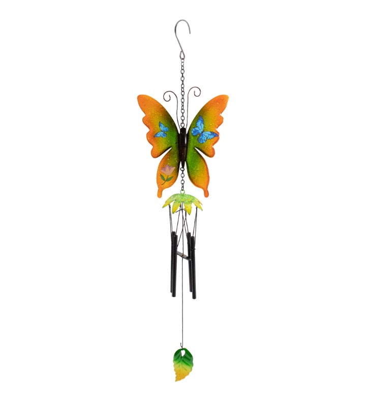 15.75&quot; Orange and Green Metal Butterfly Outdoor Garden Windchime