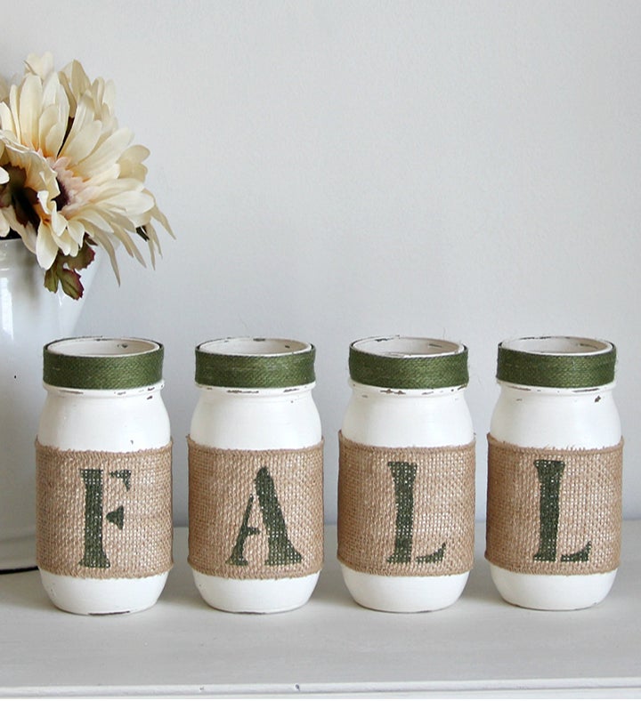 Farmhouse Fall Home Decor   Set Of 4 Painted Jars