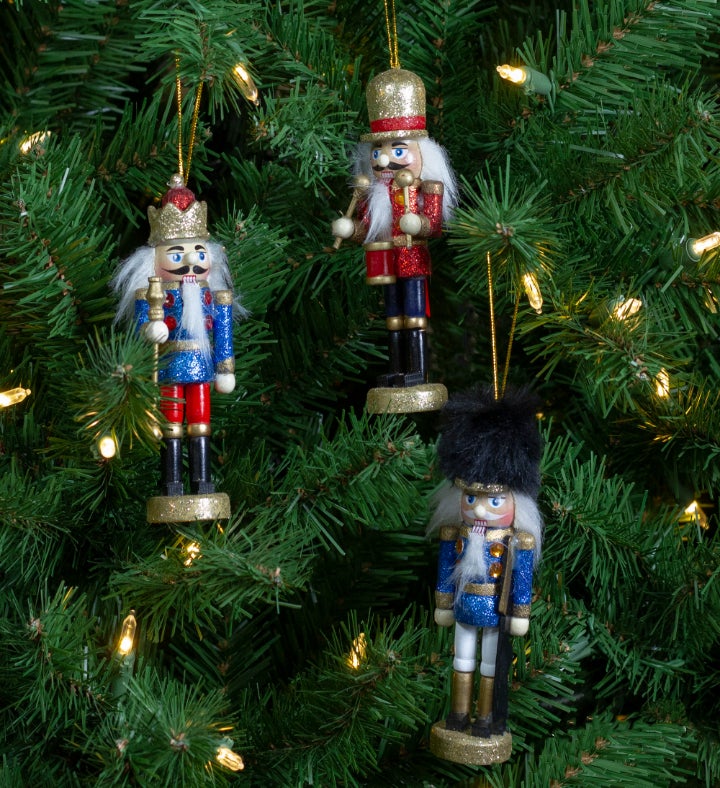 Set Of 3 Glittery Nutcracker King Soldier And Drummer Ornaments 5.25"