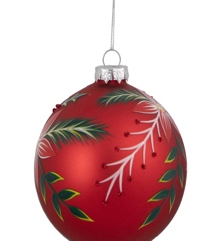 4" Red Poinsettia And Holly Glass Christmas Ball Ornament