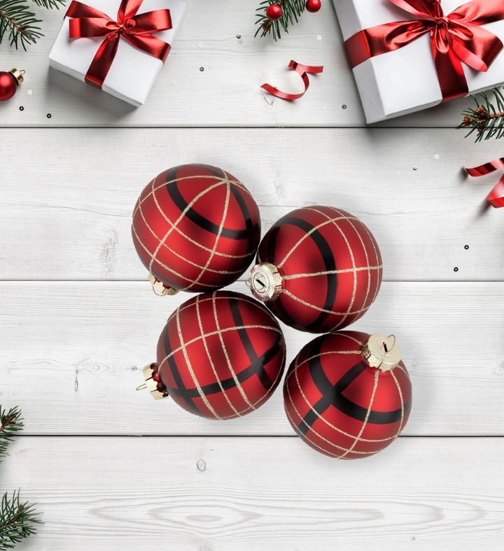 4ct Red Black And Gold Plaid Glass Ball Christmas Ornaments 3.25"