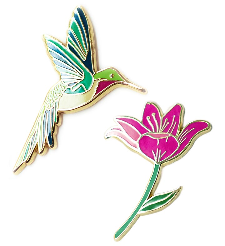 Hummingbird & Pink Lily Flower Lapel Pin 2 piece Set