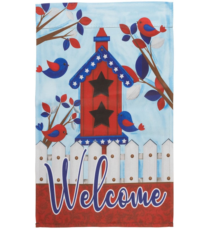 Patriotic Birds And Birdhouse "welcome" Outdoor Garden Flag   18" X 12.5"