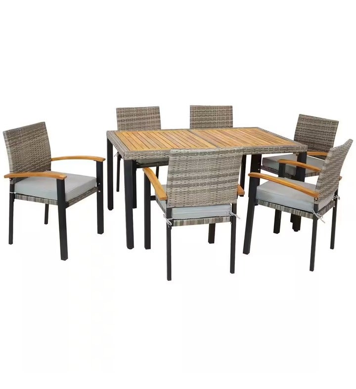 Carlow 7 piece Rattan And Acacia Patio Dining Set   Mixed Gray/stone Gray