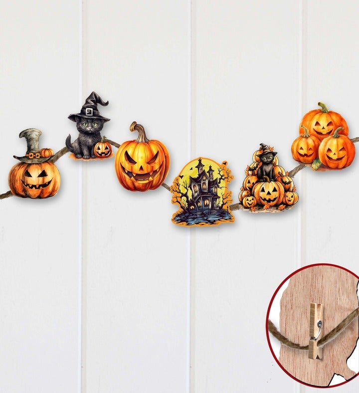 Spooky Pumpkins Decorative Wooden Clip on Ornaments Set Of 6