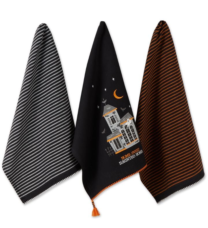 Haunted House Halloween Dishtowels Black And Orange Set Of 3