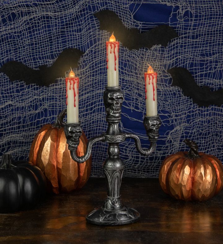 Antique Silver Skull Trio Halloween Candelabra