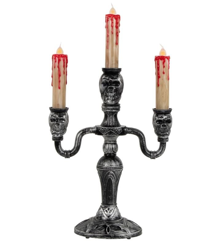 Antique Silver Skull Trio Halloween Candelabra