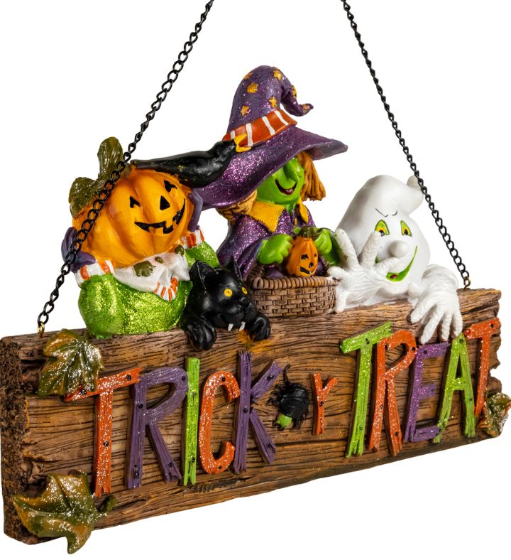 13.5" Trick Or Treat Jack O' Lantern Ghost And Witch Halloween Wall Sign