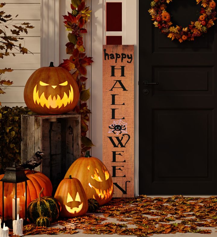 36" Orange "happy Halloween" With Spider Wooden Porch Board Sign Decoration