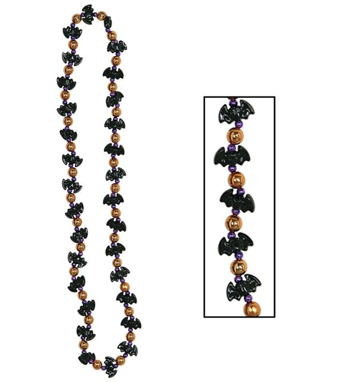 12 Pack Black & Orange Bat Beaded Halloween Necklaces Costume 36"