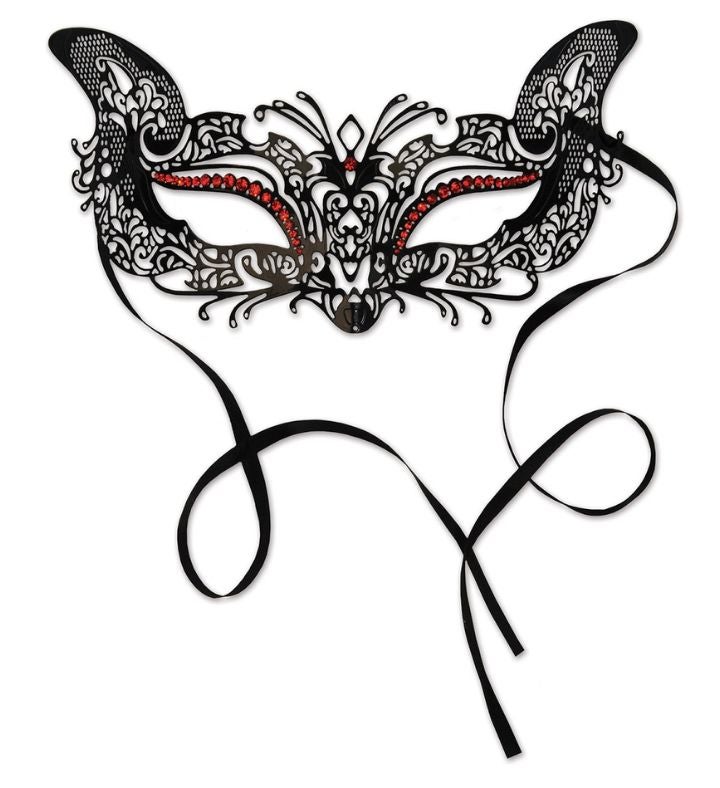 Pack Of 6 Elegant Black & Red Cat Eye Metal Filigree Mardi Gras Masks