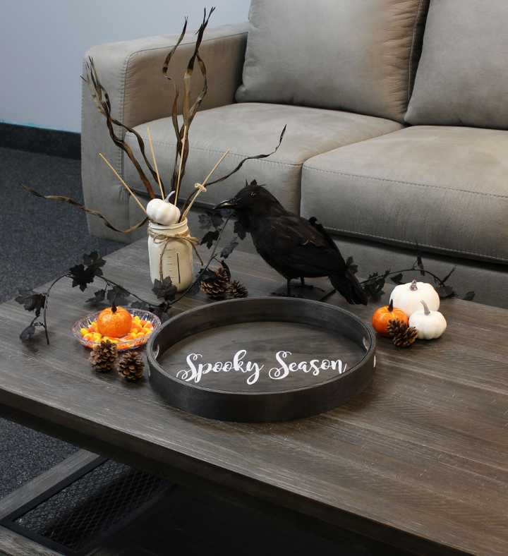 Round Wooden "spooky Season" Halloween Tray - 13.75" - Black & White