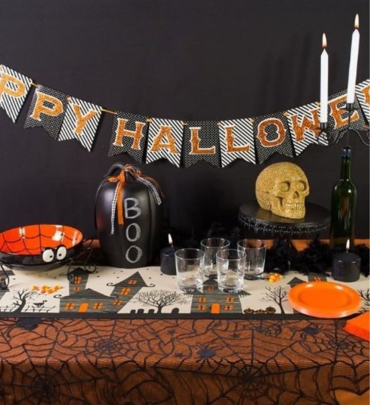 Haunted House Halloween Table Runner - 72" - Tan And Black