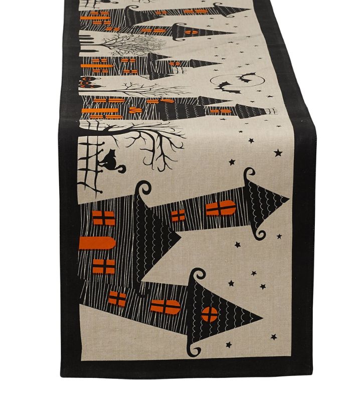 Haunted House Halloween Table Runner   72"   Tan And Black