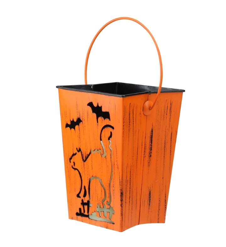 7.25" Orange Cat And Bats Halloween Candle Lantern Luminary