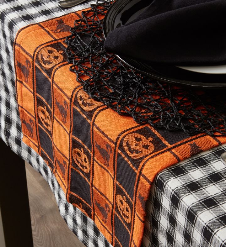 Jack Lanterns & Cats Halloween Cotton Table Runner - 72" - Orange & Black