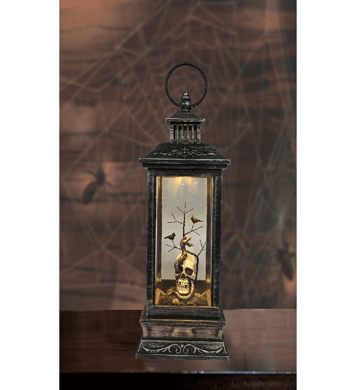 Led Lighted Halloween Lantern With Skull Head Snake And Crows   11"