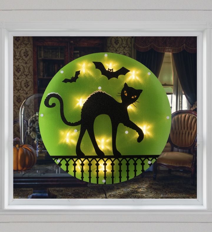 Lighted Cat Halloween Window Silhouette - 13.75" - Green - Clear Lights