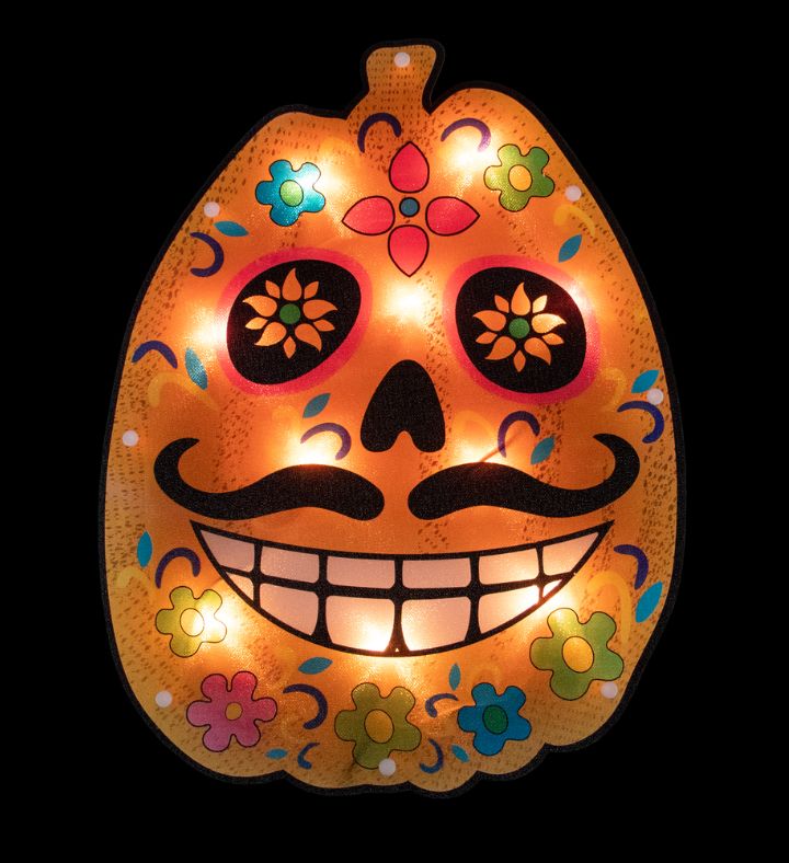 Lighted Skull Pumpkin Window Halloween Silhouette - 15" - Clear Lights