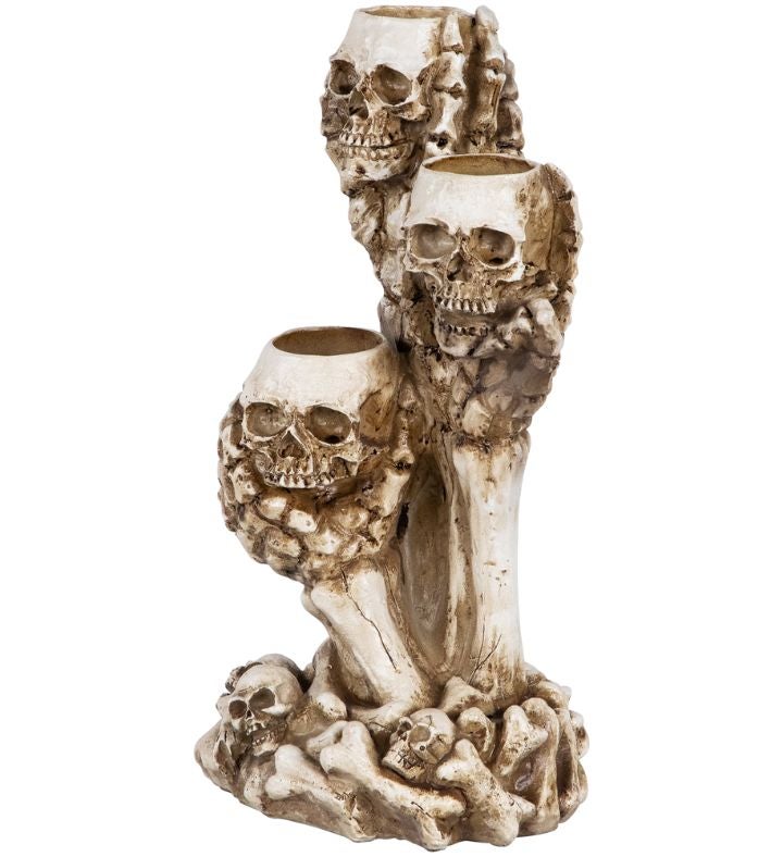 Triple Skulls And Bones Halloween Tea Light Candle Holder - 12"