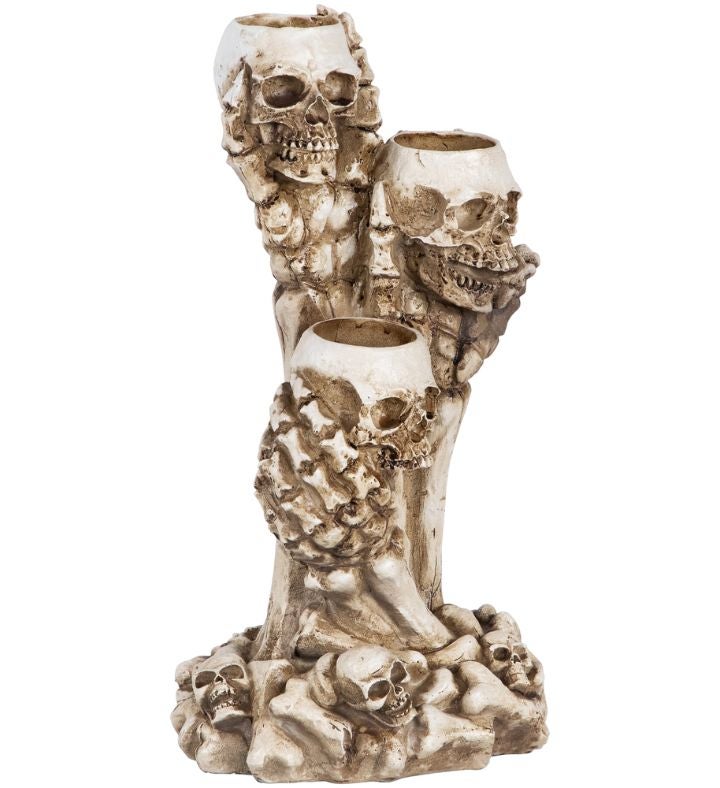 Triple Skulls And Bones Halloween Tea Light Candle Holder - 12"