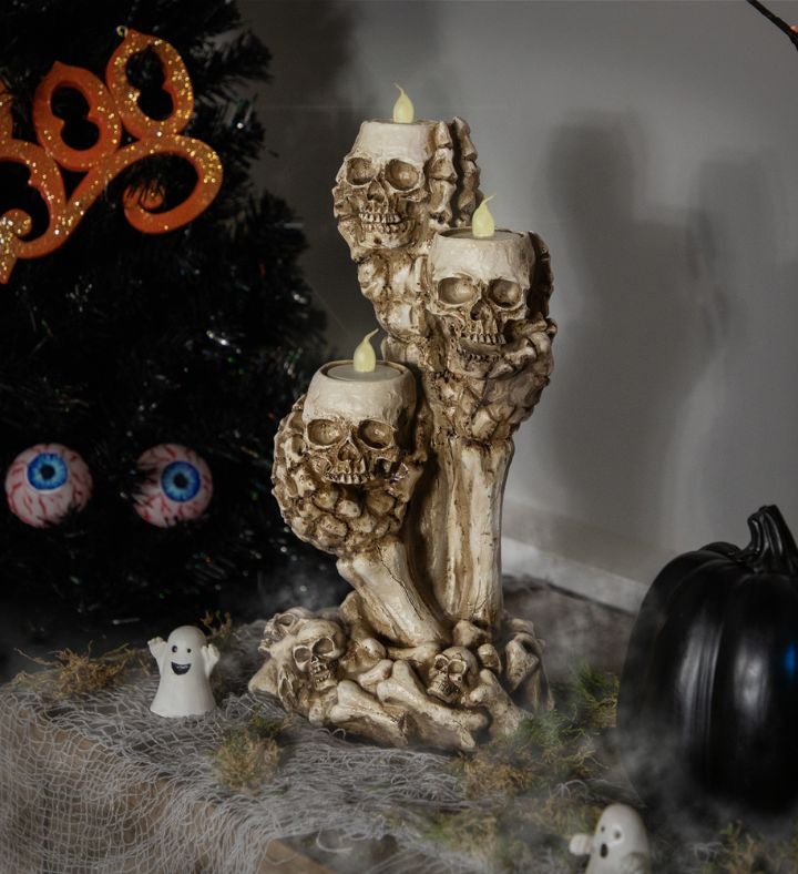 Triple Skulls And Bones Halloween Tea Light Candle Holder - 12"