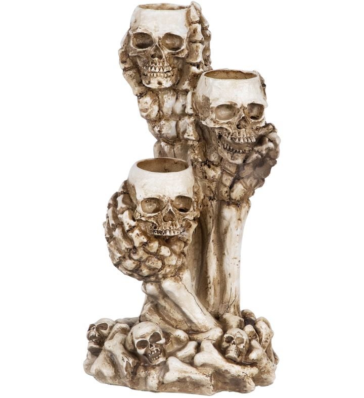 Triple Skulls And Bones Halloween Tea Light Candle Holder   12"