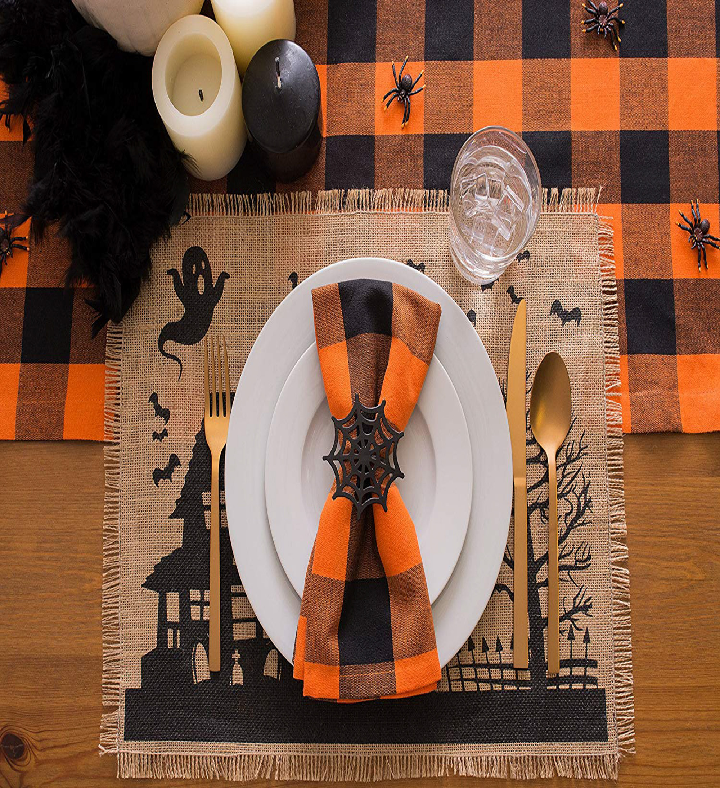 Buffalo Check Halloween Cotton Table Runner - 108" - Orange And Black