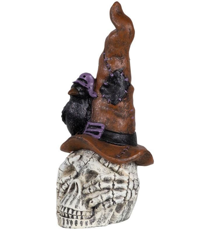 Skull In Witches Hat With Crow Halloween Decoration - 22.75"