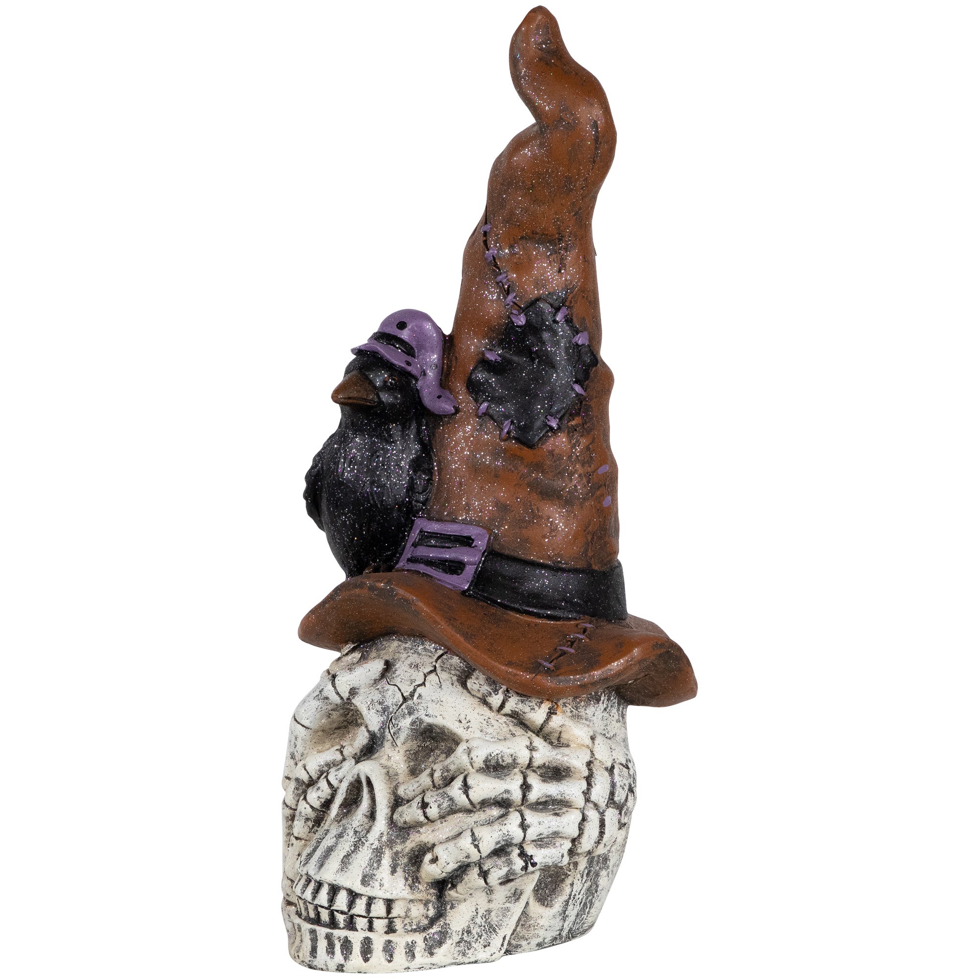 Skull In Witches Hat With Crow Halloween Decoration - 22.75"