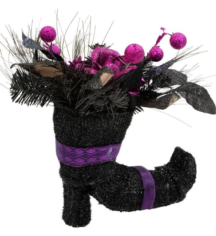 12" Black Witch's Boot With Purple Glittered Roses Halloween Decoration