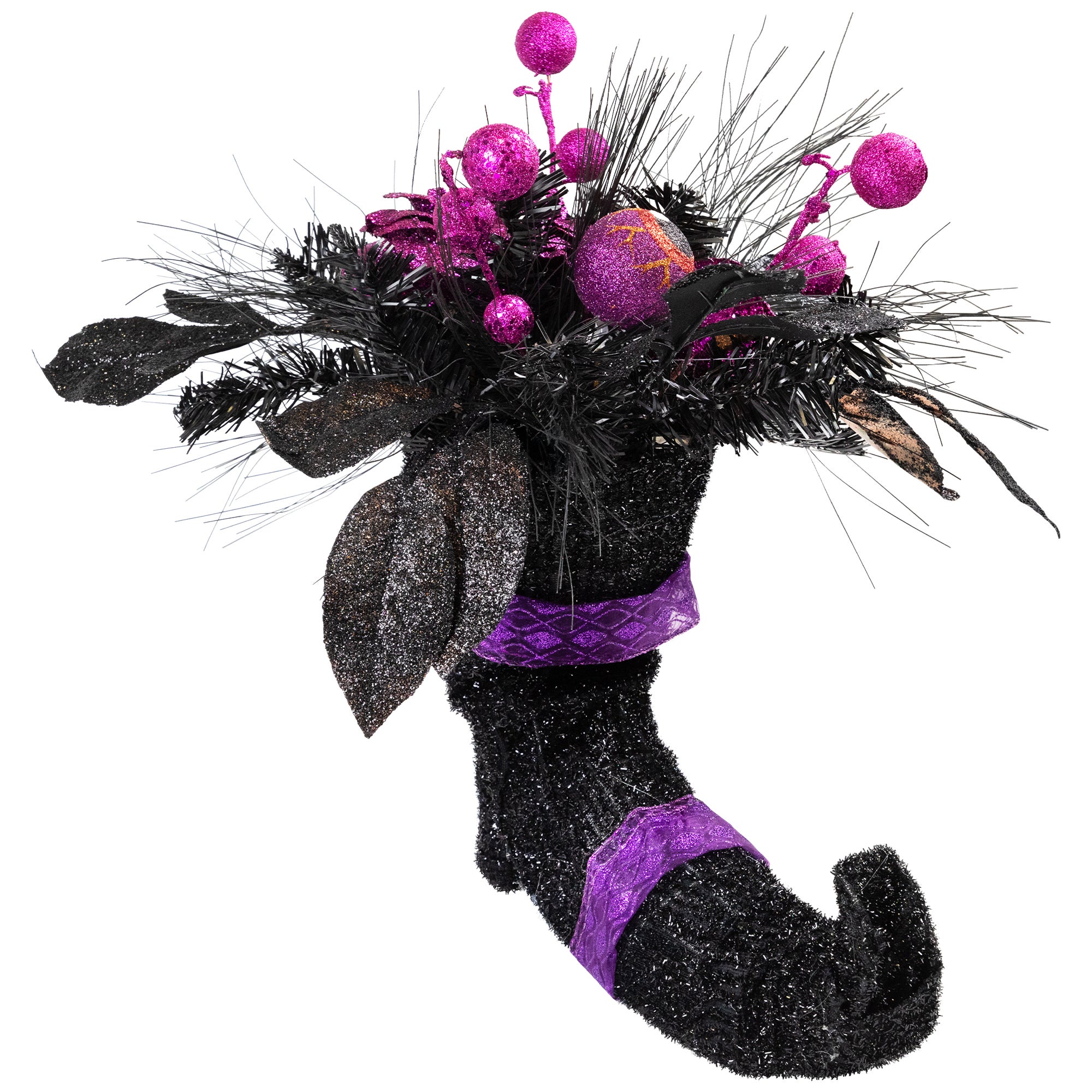 12" Black Witch's Boot With Purple Glittered Roses Halloween Decoration