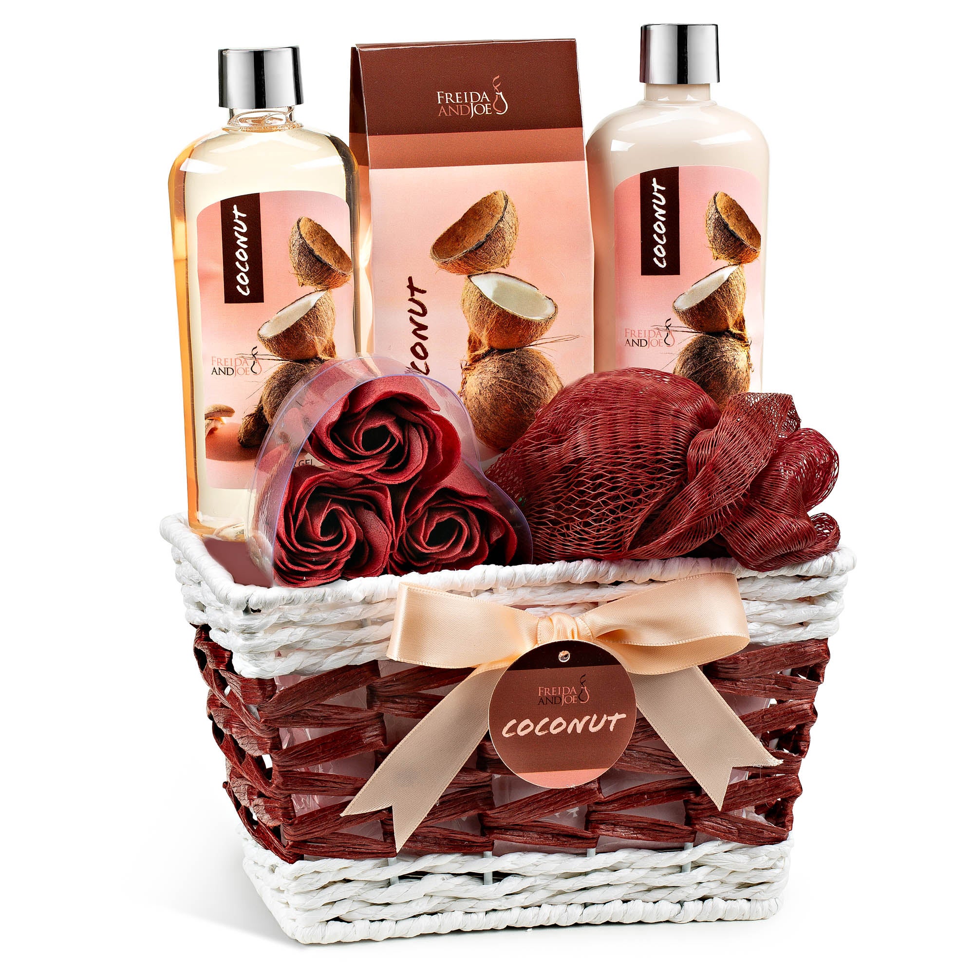 Freida & Joe 6 piece Coconut Bath & Body Set in A Wicker Basket