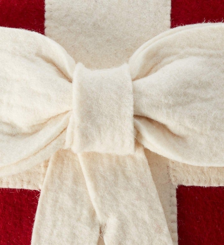 Cream Bow On Red- Christmas Pillow In Hand Felted Wool - 20"