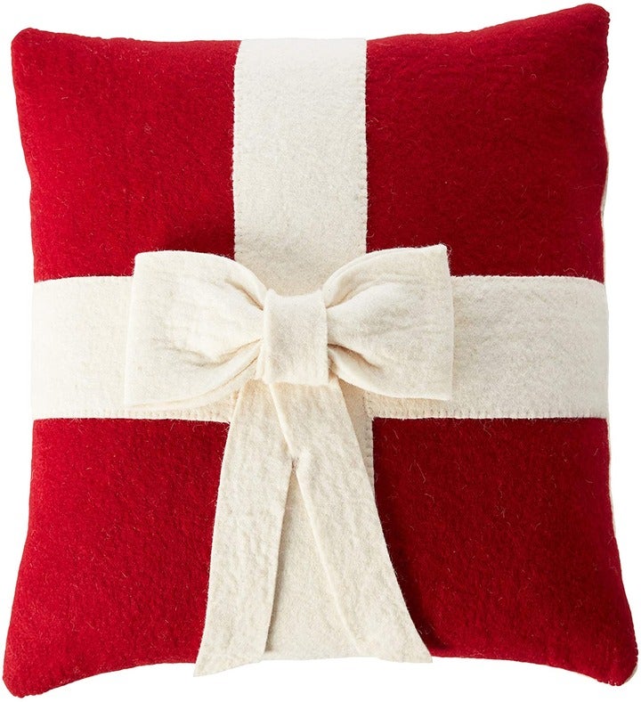 Cream Bow On Red  Christmas Pillow In Hand Felted Wool   20"