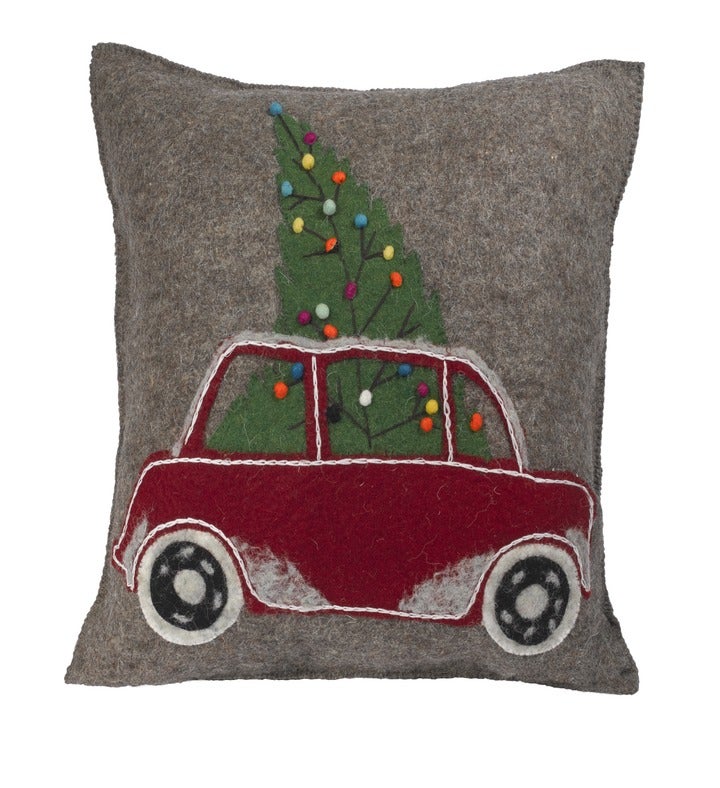 Hand Felted Gray Wool Christmas Pillow with Car & Tree