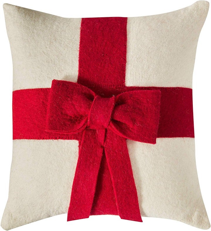 Handmade Christmas Pillow Red Bow On Cream Cover In Hand Felted Wool