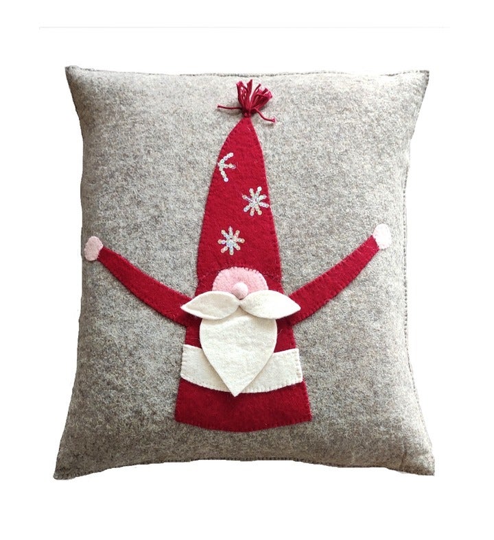 Hand Felted Wool Pillow Cover   Gnome With Red Sequin Hat   20"