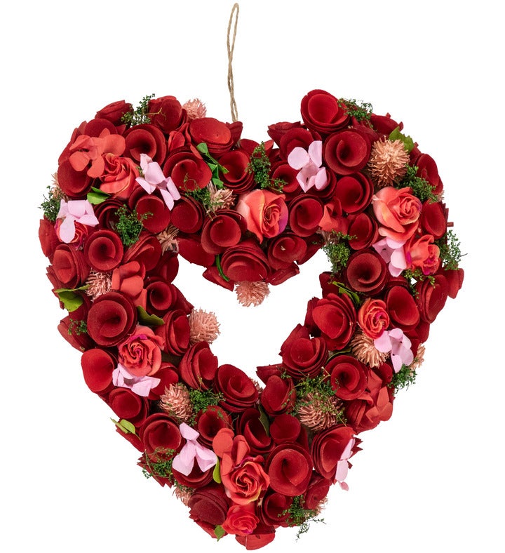 Artificial Floral Valentine's Day Wooden Heart Wreath   13.5"