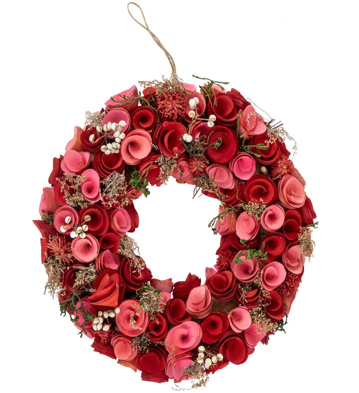 Wooden Roses Artificial Valentine's Day Wreath - 12.25" - Pink And Red